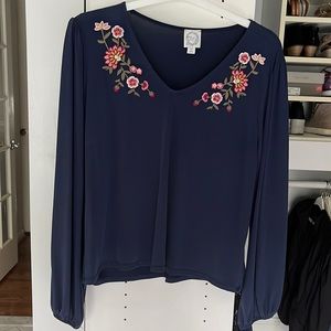 Soft embroidered V neck pullover blouse with full sleeves/ elastic cuff